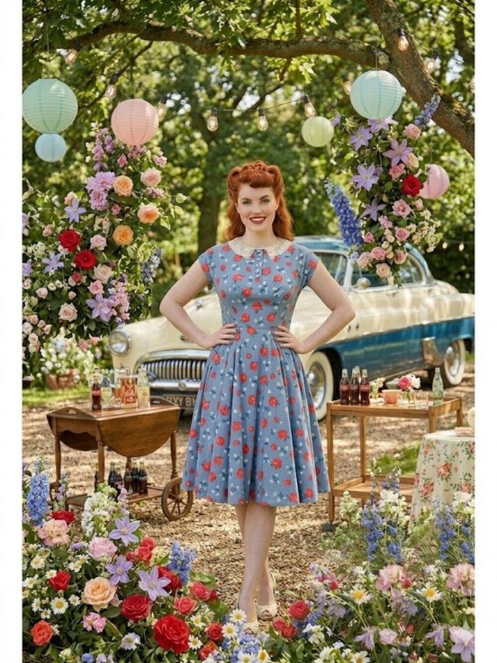 💕HELL BUNNY VIXEN💕 Francine Blue Apple Blossom Pinup Swing Dress - XS